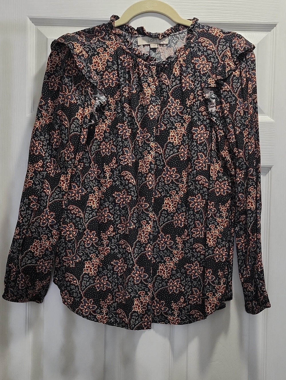 LOFT Black Floral Ruffle-Trim Long Sleeve Blouse